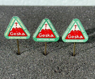 Lot of 3 Geska Swiss Cheese Kaas Dutch VTG Stick Pin Badge Pins #49103