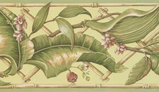 Wallpaper Border Green Palm Leaves with Bamboo Trellis on Green