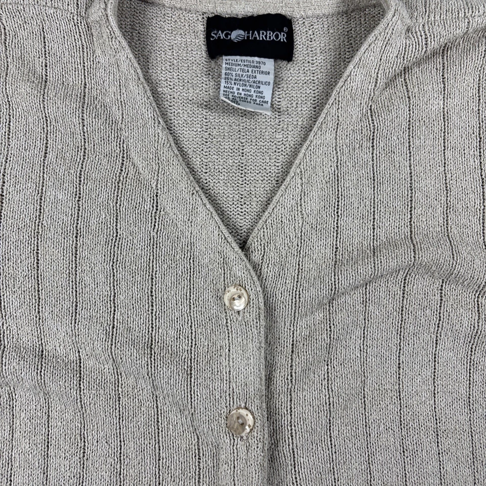 Sag Harbor Beige Silk Blend Short Sleeve Button Up Cardigan Size Medium - Image 3 of 4