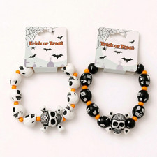 Halloween Skull Crossbones Beaded Bracelet Elastic Novelty Jewelry Black White