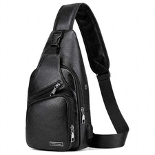 Black Chest Crossbody Bag Sling Backpack for Men with USB Charge Port Hole