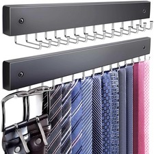 2-Pack Tie Rack Wall Mounted, Wooden Belt Hanger Tie Organizer for Closet wit...
