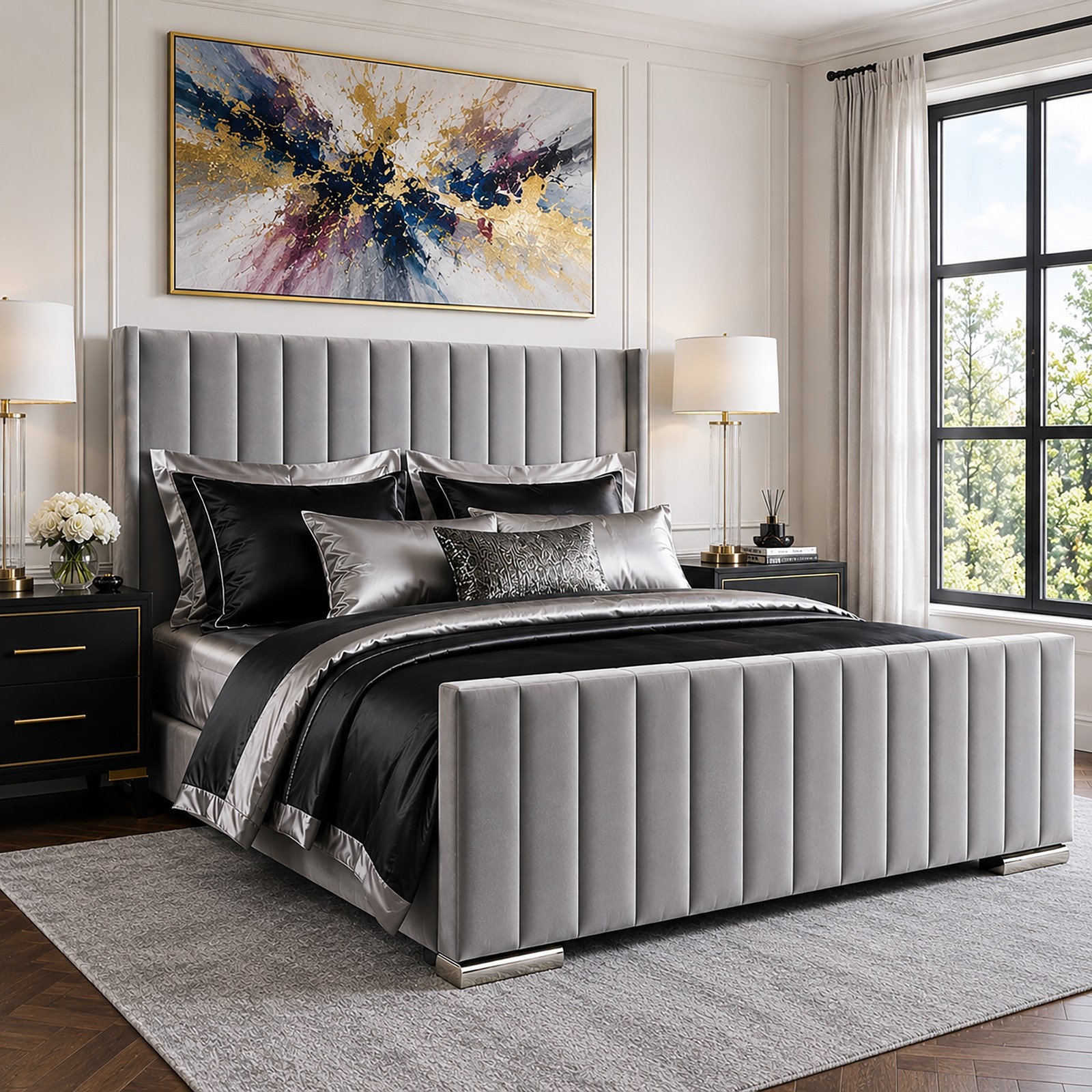 LUXURY 4ft6 Double sized Grey Plush Velvet Ottoman Winged bed frame