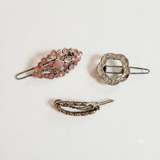 Vintage Silver Tone Enamel and Rhinestone Hair Barrette Clip Set 3pc Cottagecore