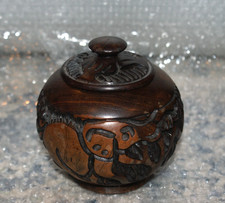 African Carved Ebony Wooden Bowl Trinket w/ Lid Rhinoceros Elephant Nice