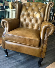 Brown Chesterfield Wingback Armchair Button Tufted Leather Upholstered 2 Avail