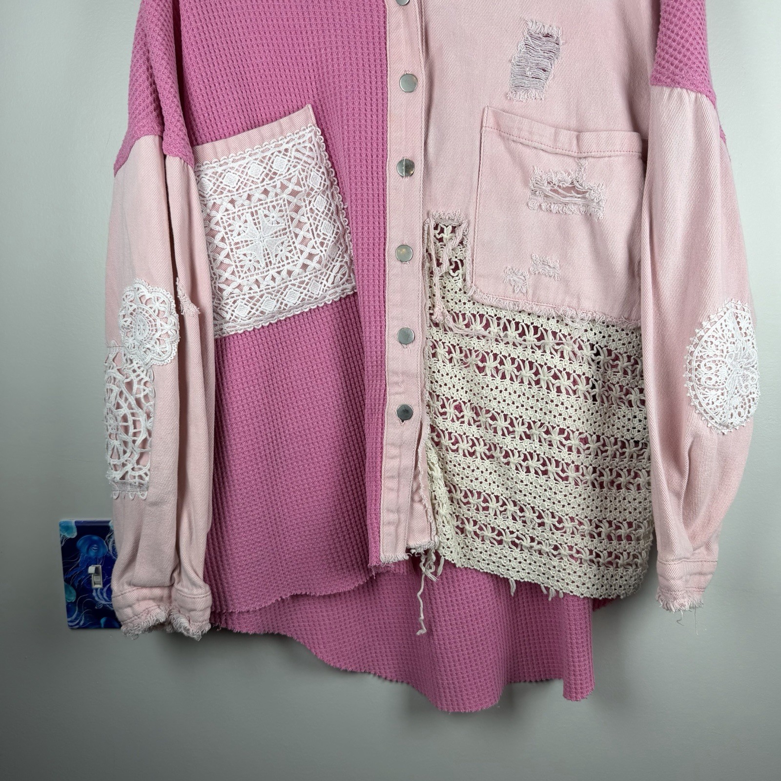 POL Pink Patchwork Distressed Shacket Grunge Croc… - image 3