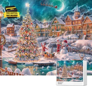 Jigsaw Puzzles for Adults, Christmas Tree Snowman Christmas Eve Night Holiday Im