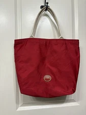 Dooney & Bourke Large Red Nylon & Canvas Shop Tote With Brown Leather Trim Vtg