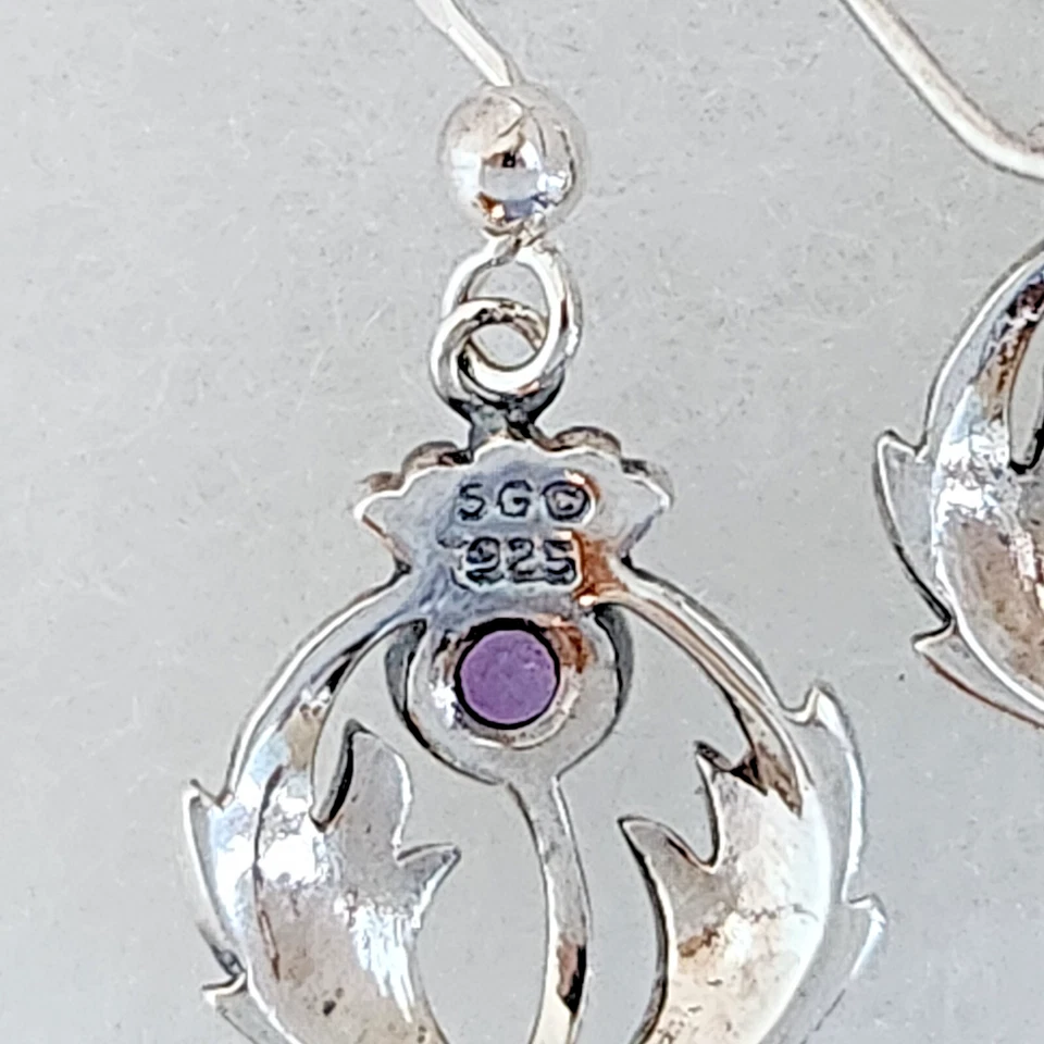 Sterling Silver 925 Amethyst Scottish Thistle Drop Earrings | Botanical Floral - Image 3 of 4