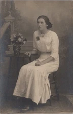 Edwardian Era Young Woman Portrait in White Dress Lace Trim Photo RPPC Postcard