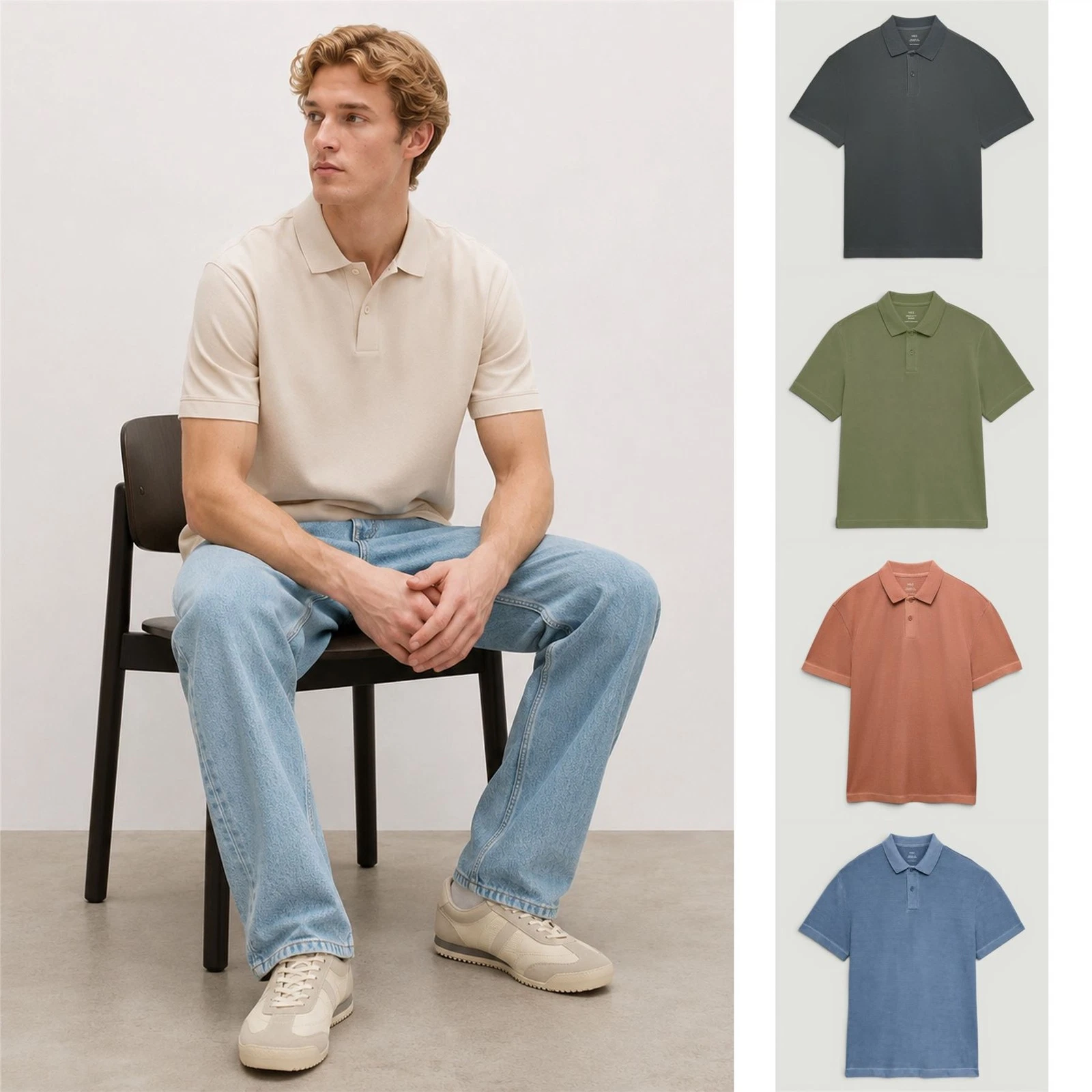 Mens M&S Pure Cotton Garment Dyed Polo Shirt Short Sleeve Relaxed Fit Casual