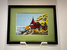 Japanese Bunka Embroidery 1995 Signed Framed Lake House 10x8in Hand Embroidered