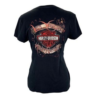 Harley Davidson Las Vegas Skull Flag Graphic T Shirt Womens Large Black Cotton