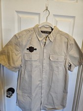 Mens Harley Davidson Button Down Motorcycle Shirt Size M Short Sleeve Tan NEW
