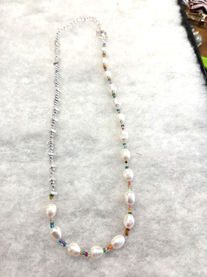 Vtg-mod PL tag silver tone Genuine Pearl bead Necklace
