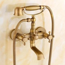 Antique Brass Clawfoot Tub Faucet Wall Mount Telephone Hand Shower Bath Filler