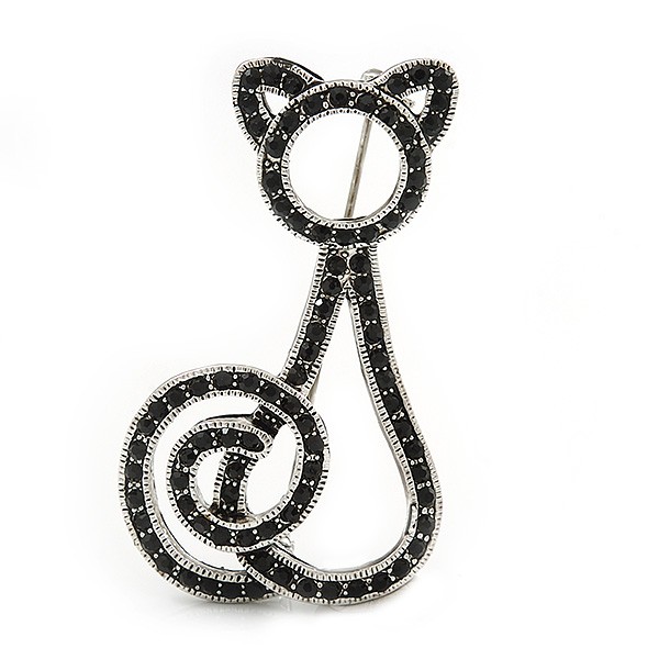 Jet Black Swarovski Crystal 'Cat' Brooch In Rhodium Plating - 50mm Length