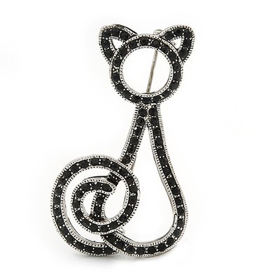 Tiefschwarze Swarovski Kristall Brosche ''Katze'' in Rhodinierung - 50 mm Länge