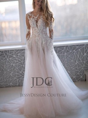 Ivory Blush Spitze Brautkleid Hochzeitskleid 32-60 Langarm Knöpfe Perlen n.Maß