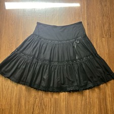 VTG Y2K Black Tiered Midi Skirt Lace Trim Ruffle Boho Grunge Fairy Whimsigoth 16