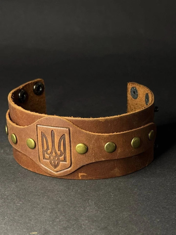 Bracciale regolabile largo in pelle patriottica ucraina con Tridente d'Ucraina - Immagine 4 di 4