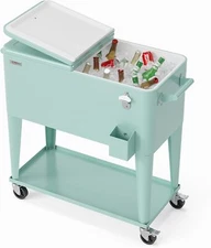 VINGLI 80 Quart Rolling Ice Chest, Portable Patio Party Bar Drink Cooler Cart
