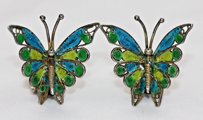 Old Italian Enamel on 800 Silver Butterfly Earrings Guilloche Clip on Filigree