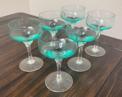 6 Vintage Aqua/Teal Sasaki Cocktail Stemmed Glasses/Goblets