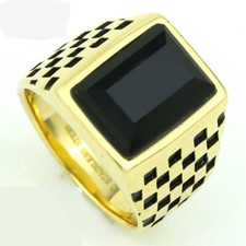 Men's Gold plated Stainless Steel,Black Onyx Ring Size 8 9 10 11 12 13.BOX