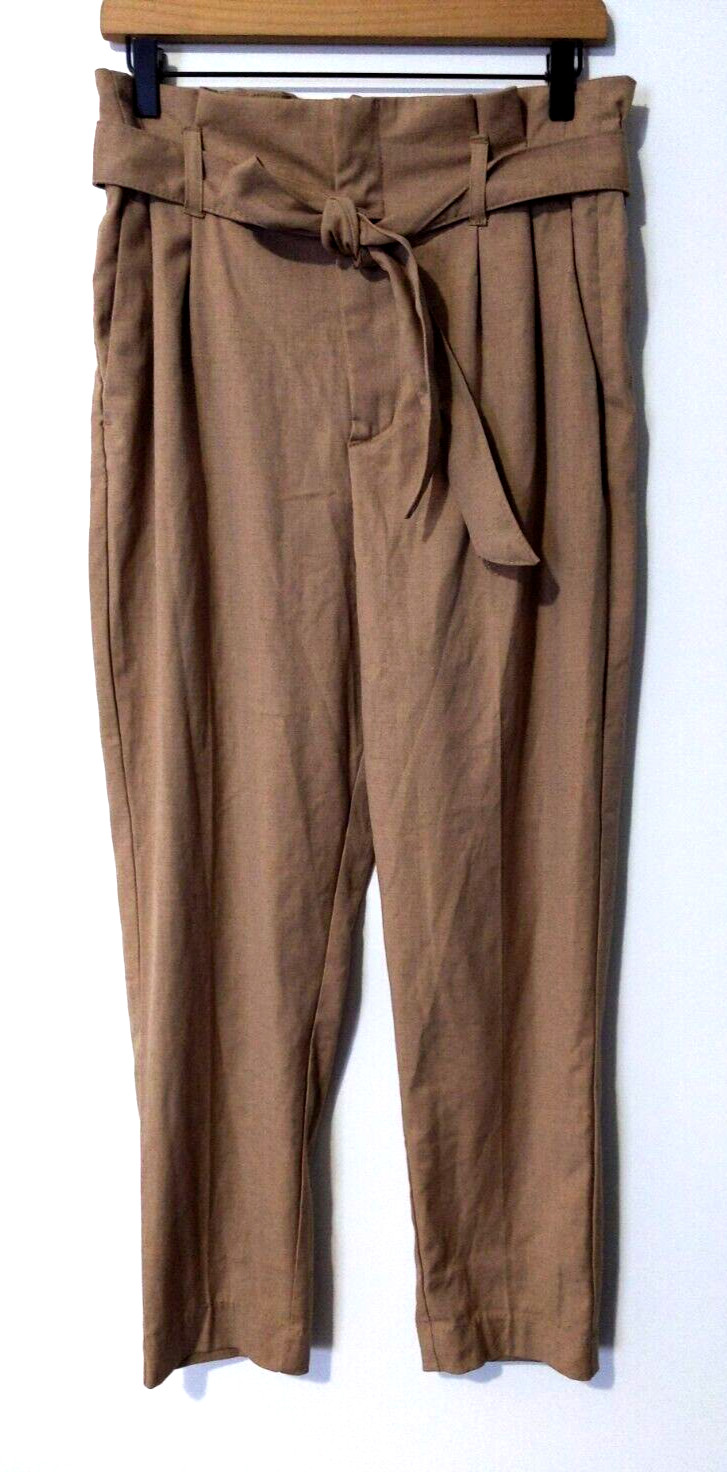 H&M Women's Belted Stretch Waist Belted Pants Sz 8 Tan Polyester Blend EUC