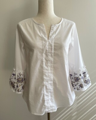 Cupio Embroidered Bell Sleeve Blouse Womens S White with Lilac Floral Cottage