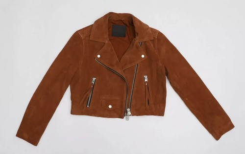 Neu Allsaints "Elora" Ziegenveloursleder Biker Moto Cropped Jacke Größe US 10 in Braun - Bild 3 von 5