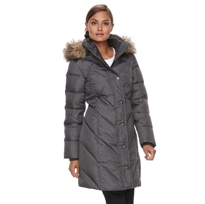London Fog Women's Diamond Quilted Down Coat with Faux Fur Trim