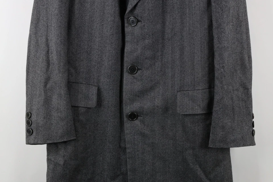Vintage 70s Hickey Freeman Mens 42R Wool Herringbone Overcoat Jacket Gray USA - Image 3 of 4