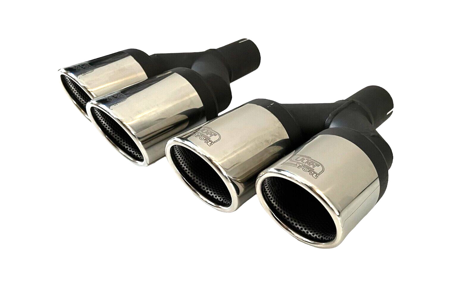 2x Auspuffblenden Doppelendrohre Endrohre 2x 90mm rund für 65mm Anschluß