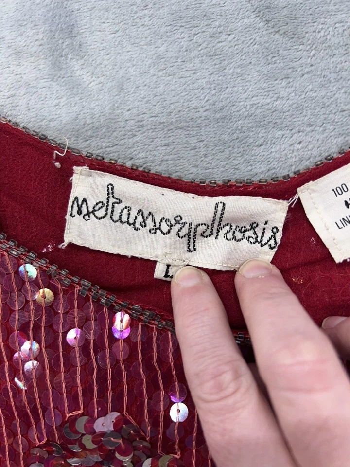 Top Vintage Metamorphosis Lentejuelas Rojo 100% Seda Talla Grande Verdadero Vintage Años 80’s Foto 2 de 4
