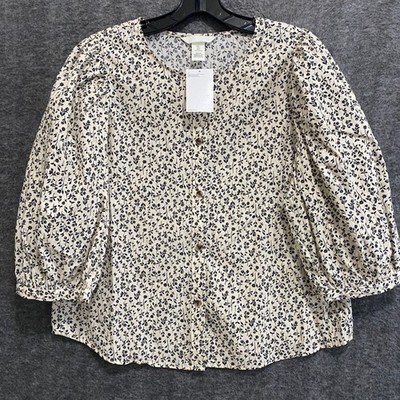 H&M Puff Sleeve Top Womens L Tan Black Floral Button Up Boho Prairie Cottage NWT