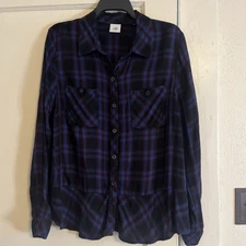 Cabi Womens L Top Black Blue Plaid Button Front Long Sleeve Peplum Hem Feminine