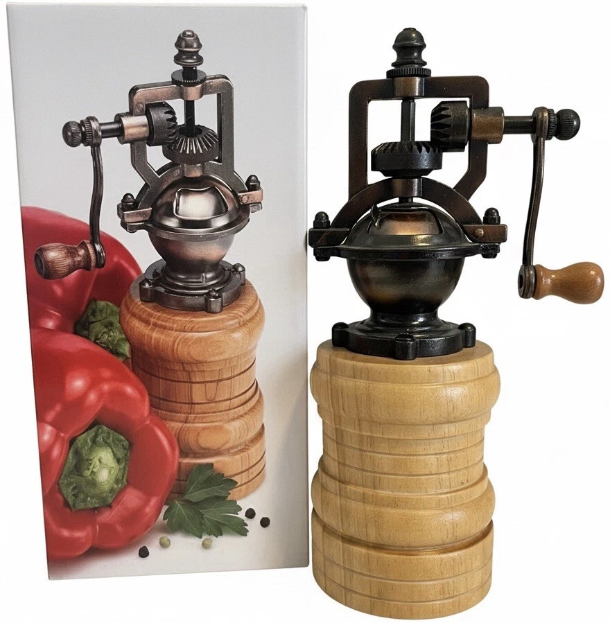 Vintage Style Cast Iron Pepper Mill Grinder Wood Base Hand Crank W/Box