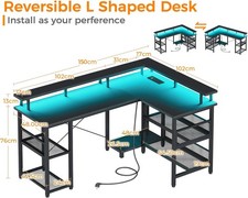 L Shaped Gaming Desk with LED Lights & Power Outlets 150 �102cm Reversible Corne