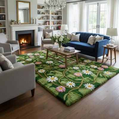 Garden Vine Floral Premium Wool Carpet | Spring Meadow Blossom Tufted Wool Rug,