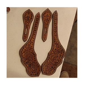 Western Tooled Brown Leather Spur Straps/Guards Set (4 Pieces)