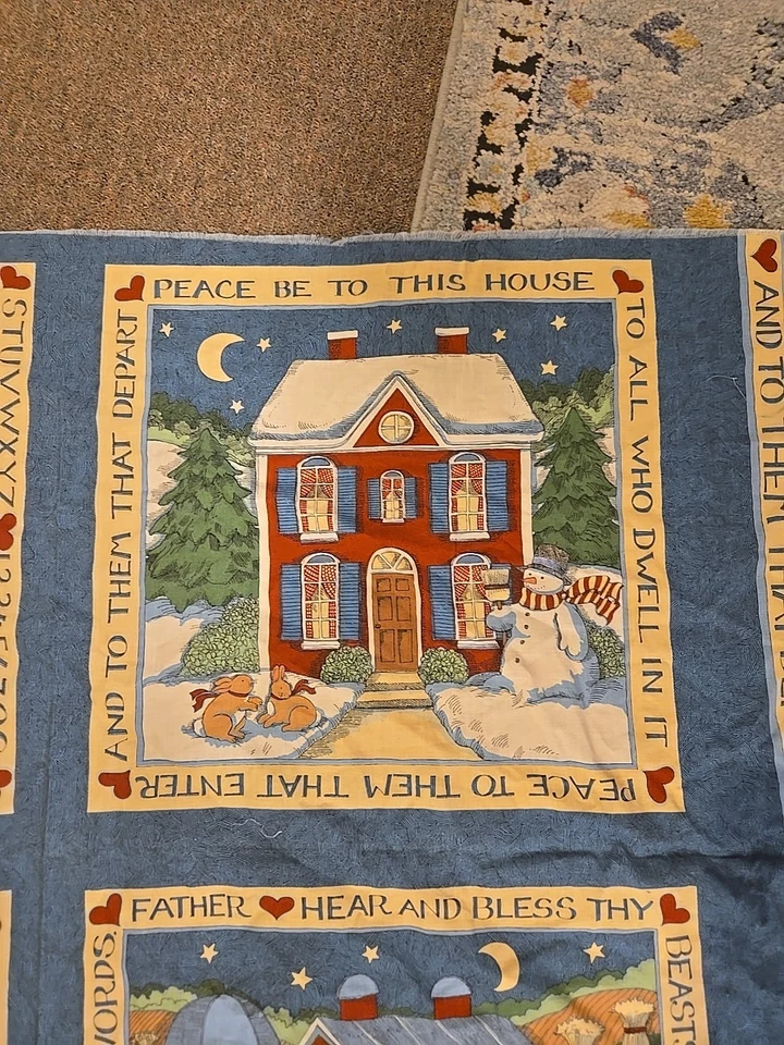 Vintage Cheater Quilt Fabric 44X 34 Or 4 Blocks By 15.5 Sq Country Building T - Image 3 of 4