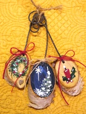 New Set of 3 Handmade Rustic Christmas Ornaments Wood Slice Wreath, Candle, Star
