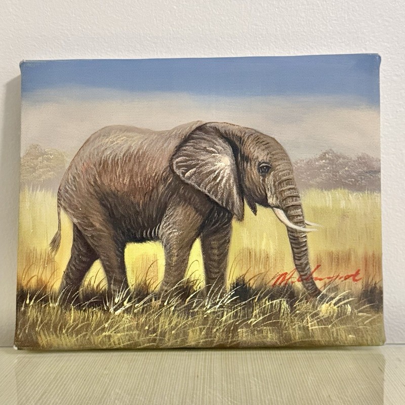 SIGNED Realism Elephant Africa Wildlife Canvas Painting, Small Unframed
