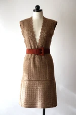Diane Von Furstenberg Beige Gold Wool Mohair Crochet Knit Sweater Dress Women M