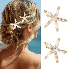 Starfish Hair Clips Gold Metal Sea Star Hair Barrettes Pearl Beach Hair Acces...