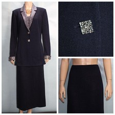 ST JOHN Evening Navy Blue Jacket Skirt L Sz 10 12 2pc Suit Jeweled Trim Shimmer