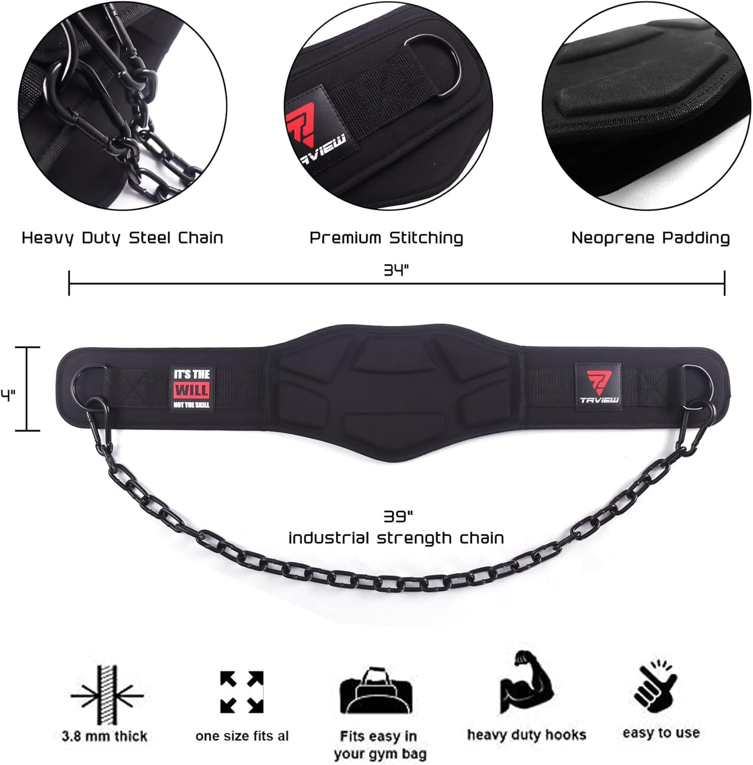 Heavy Duty Dip Belt With Chain - Weighted Pull Up Belt for Workout
